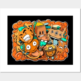 Orange and Blue graffiti cartoon characters Posters and Art